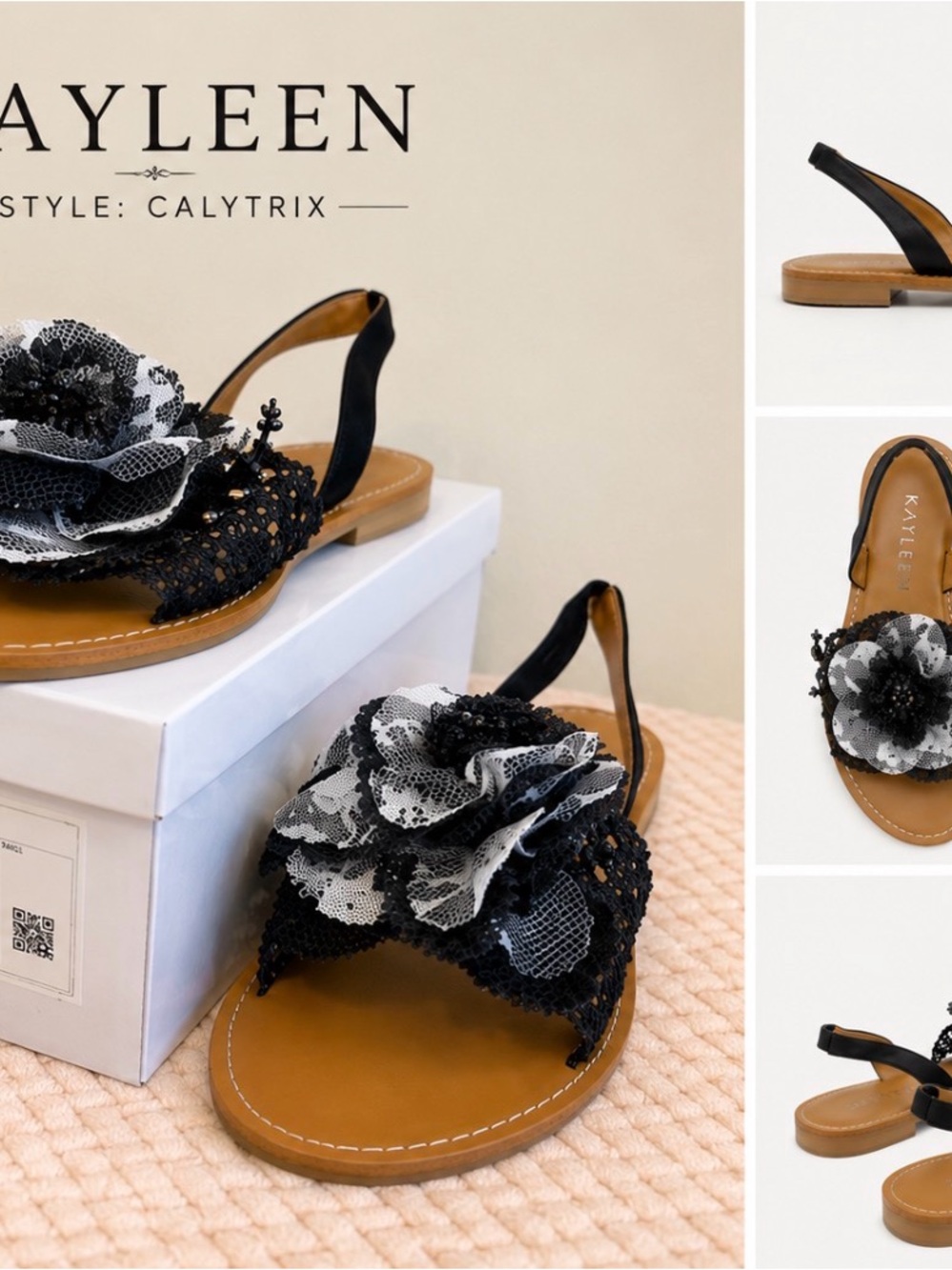NWB - Kayleen - Calitrix - Black Floral Lace Slingback Sandals - 7 US